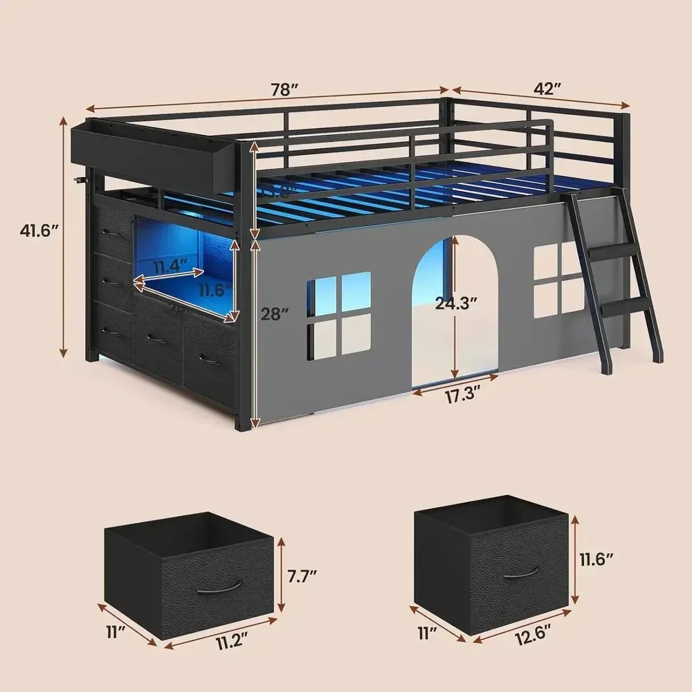 Twin Size Kids Loft Bed with Tent, Storage Drawers, LED Lights, Bookcase, and Play Space, featuring Safety Guardrail and Incline