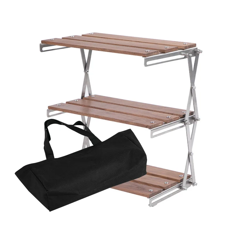 

Metal Wood Camping Folding Storage Table 3 Layer Camping BBQ Rack