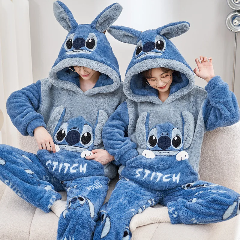 

Couple Style Sleepwear Women'S Winter Coral Fleece Cartoon Stitch Warm And Comfortable Home Clothes Two-Piece Set Birthday Gift