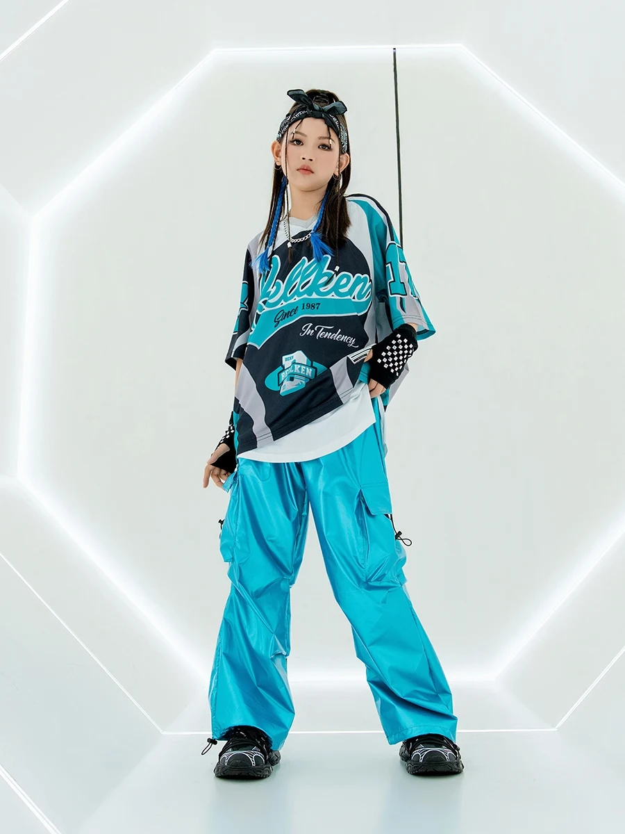 New Children Ballroom Hip Hop Dance Costumes For Girls Blue T-Shirts Cargo Pants Suit Boys Jazz Performance Stage Wear DQS16147