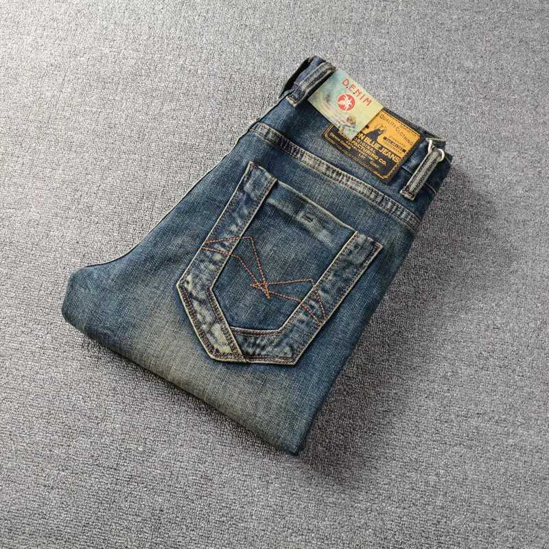 Fashion Designer Men Jeans Retro Blue Elastic Slim Fit Hole Ripped Jeans Men Embroidery Patch Vintage Casual Denim Pants Hombre