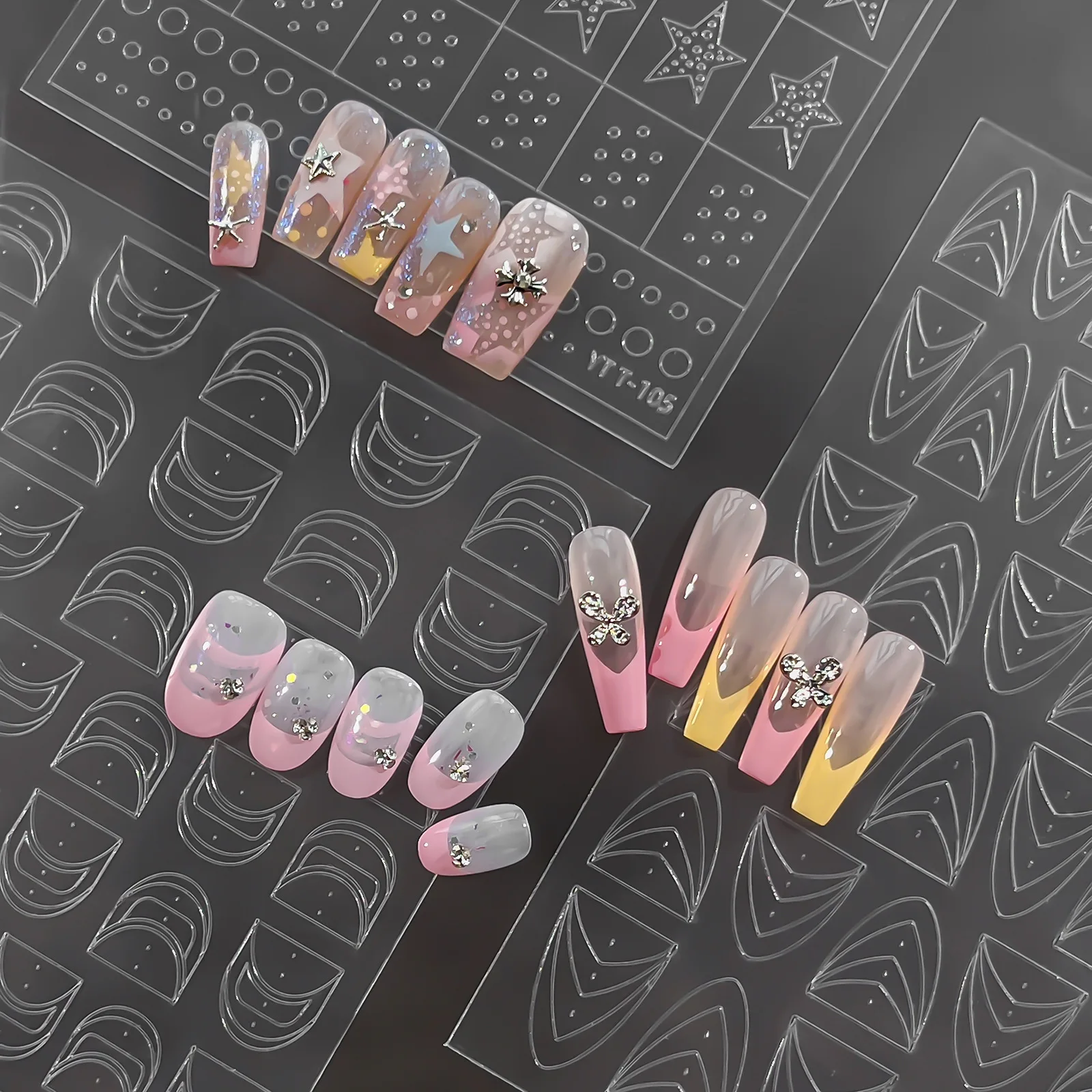 1/5 Sheets Hollow Line French Auxiliary Spray Painting Nail Sticker Wave Star Self-Adhesive Slider Nail Art Decals DIY Manicure