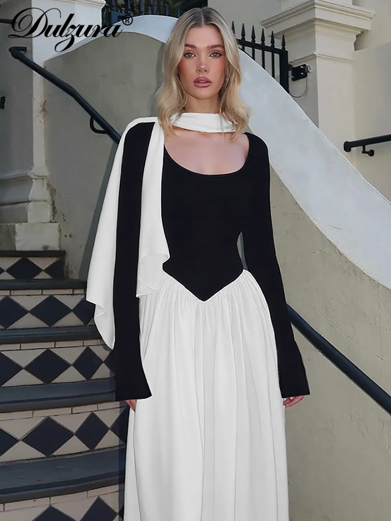 Dulzura 2025 가을 패션 우아한 O넥 긴 소매 슬림 리본 패치워크 플리츠 롱 드레스 이브닝 파티 클럽 프로모션 의류