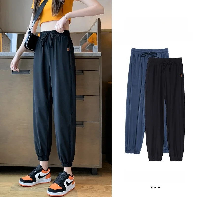 

Женские летние тонкие спортивные брюки из ледяного шелка с быстрым высыханием, новые, свободные, фасона «фонарь»/«харлан», повседневные, с эффектом похудения, с высокой талией, нейлоновые