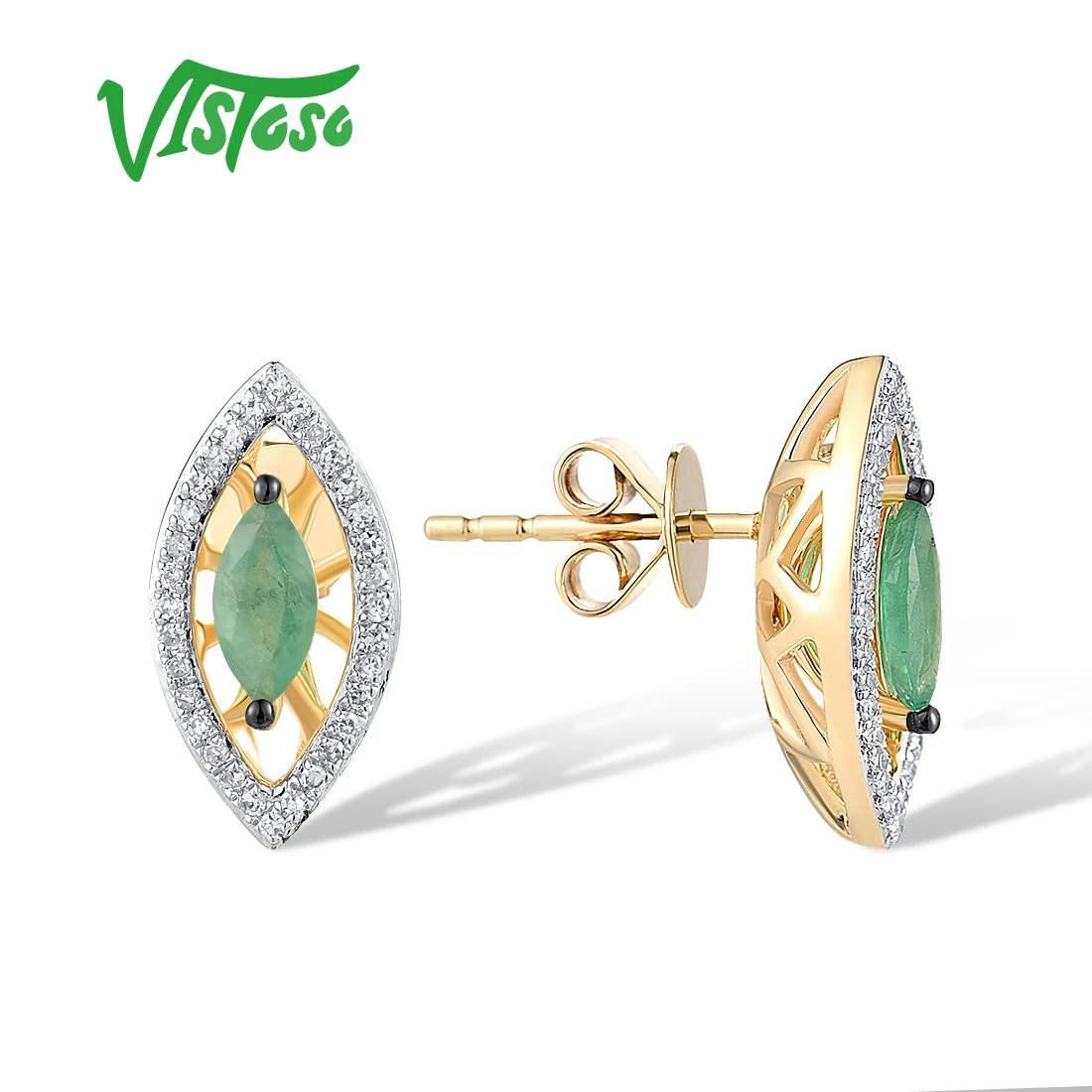 VISTOSO 14K 585 Real Yellow Gold Earrings For Women Sparkling Diamond Emerald Marquise Elegant Wedding Party Gifts Fine Jewelry