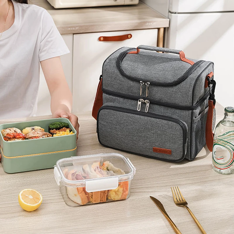 Double Layer Lunchbox Storage Thermal Bag Large Capacity Tote Shoulder Food Drink Insulation Bags Outdoor Picnic Bento Lunch Bag