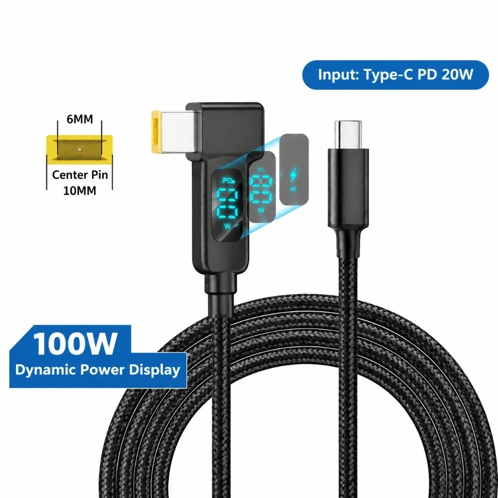 100W PD USB-C to DC Cable Digital Display 20V Output Laptop Power Adapter Cable Right Angle Connector Nylon Braided