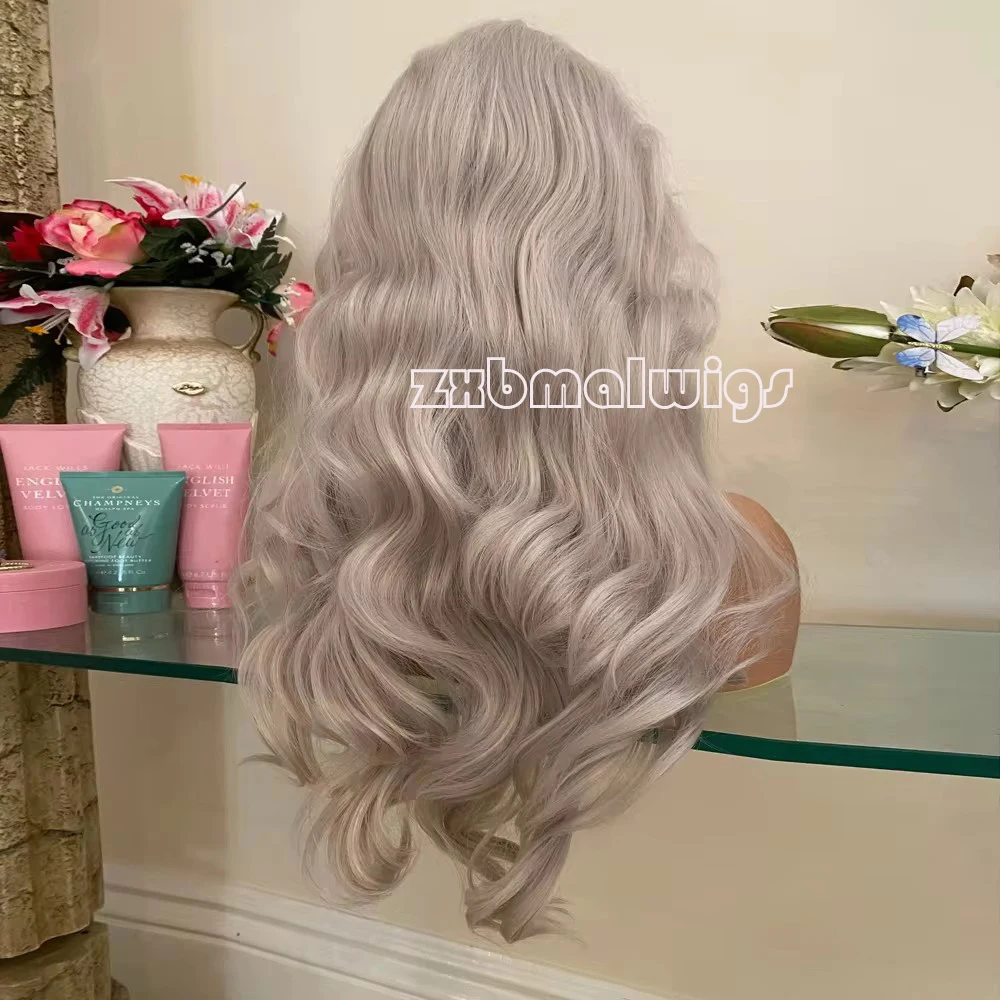 QW-Peluca de cabello sintético con encaje frontal para mujer, pelo rubio y gris, ondulado, sin pegamento, temperatura de calor, Cosplay diario