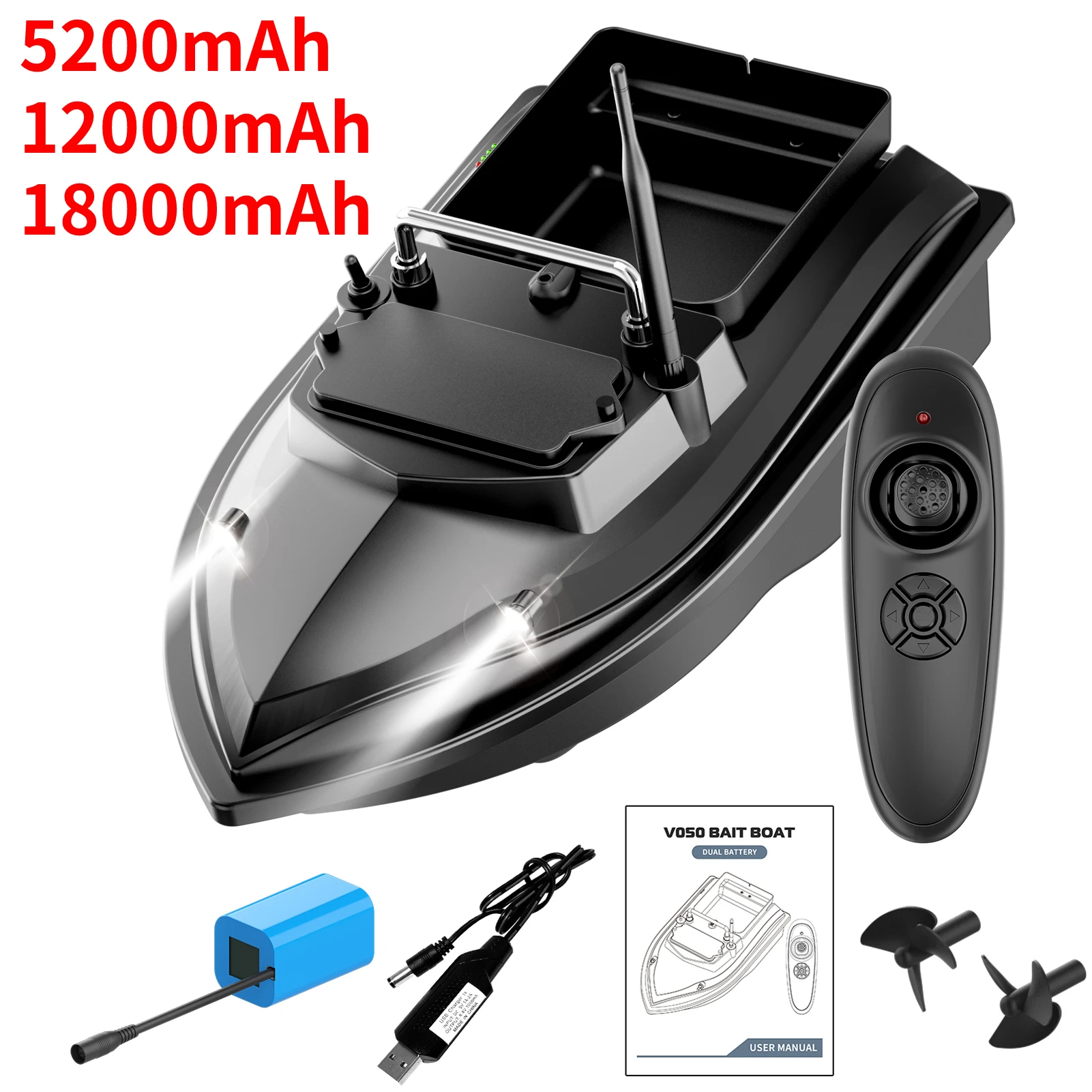 V050 Remote Control Fishing Bait Boat Fishing Feeder Fish Finder Device 500m Remote Range Dual Motor Fish Finder with NightLight