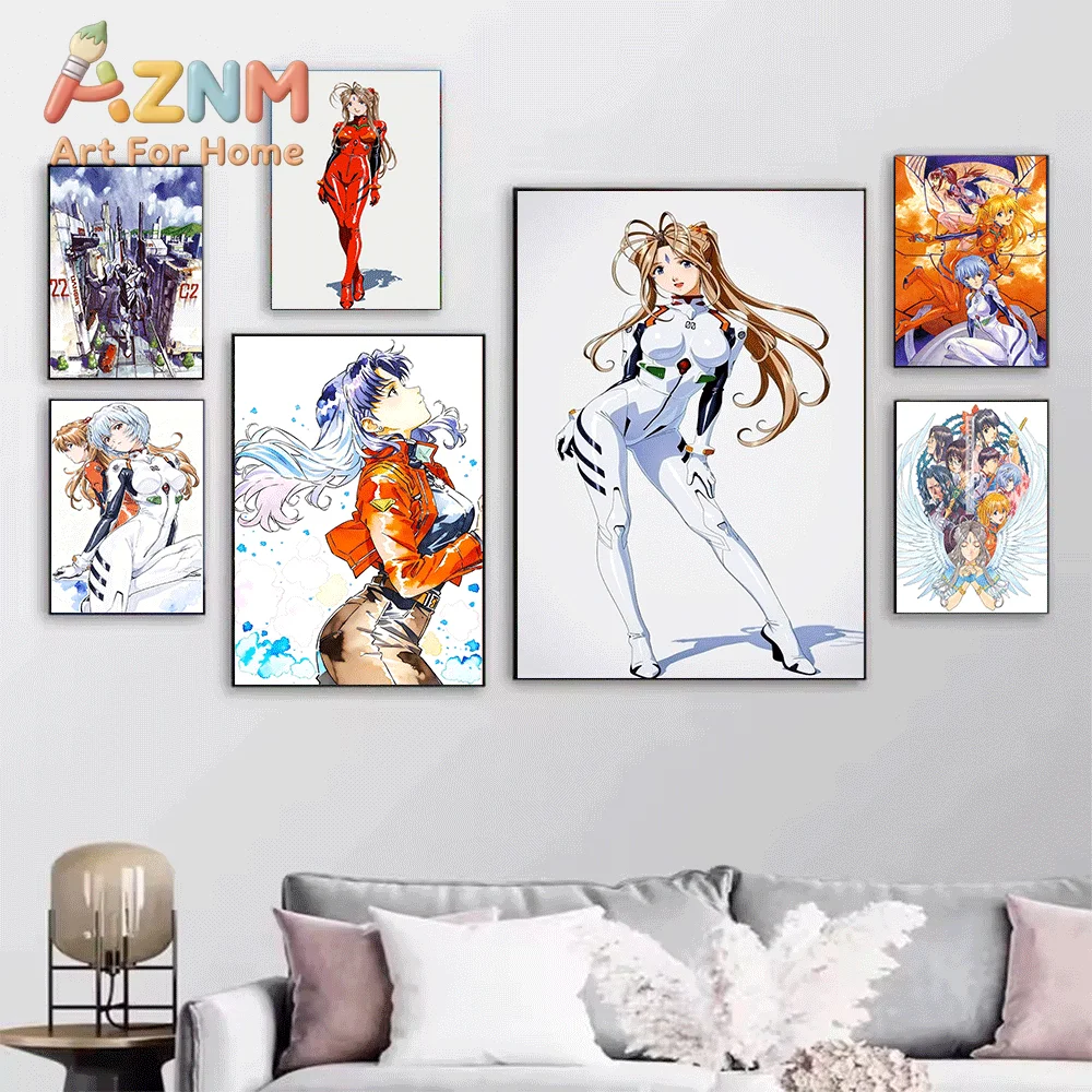 Neon Genesis Evangelion Anime Canvas Wall Art, Asuka Langley Ayanami Rei Manga Sketch Character Poster, Unframed Canvas Painti