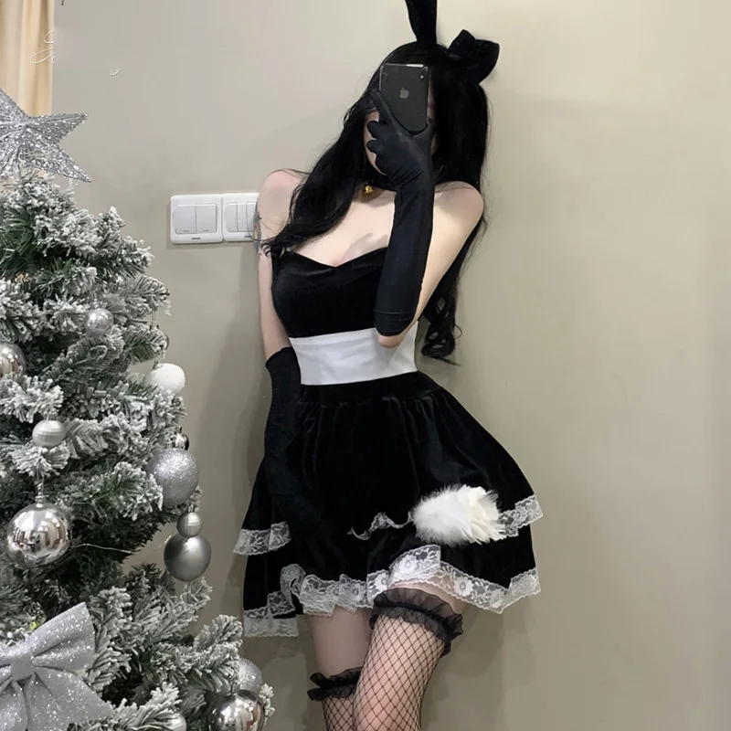 

Solid Color Sexy Belted Maid Dress Black Lace Velvet Skirt Christmas Cosplay Lady Santa Costume Stage Party Strapless Dress Set