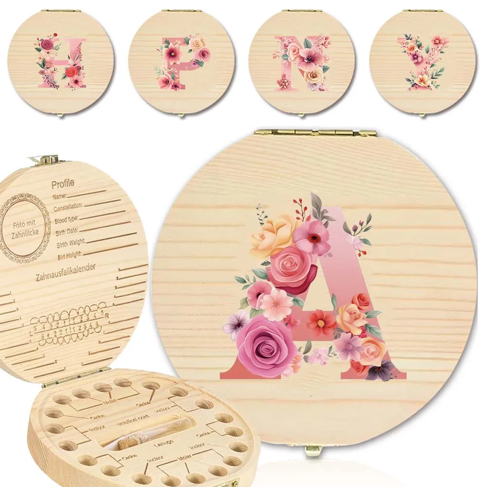 Wooden Milk Teeth Storage Box Wooden Tooth Case With Tweezers Souvenirs Gifts Pink Rose Initial Name 26 Letters Pattern
