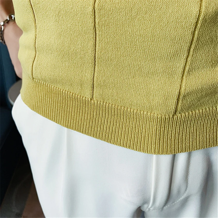 2025 جديد الصيف الرجال سليم صالح موضة الخامس الرقبة قمصان بولو محبوك تي شيرتات قصيرة الاكمام مخطط ملابس للرجال عادية تي شيرت