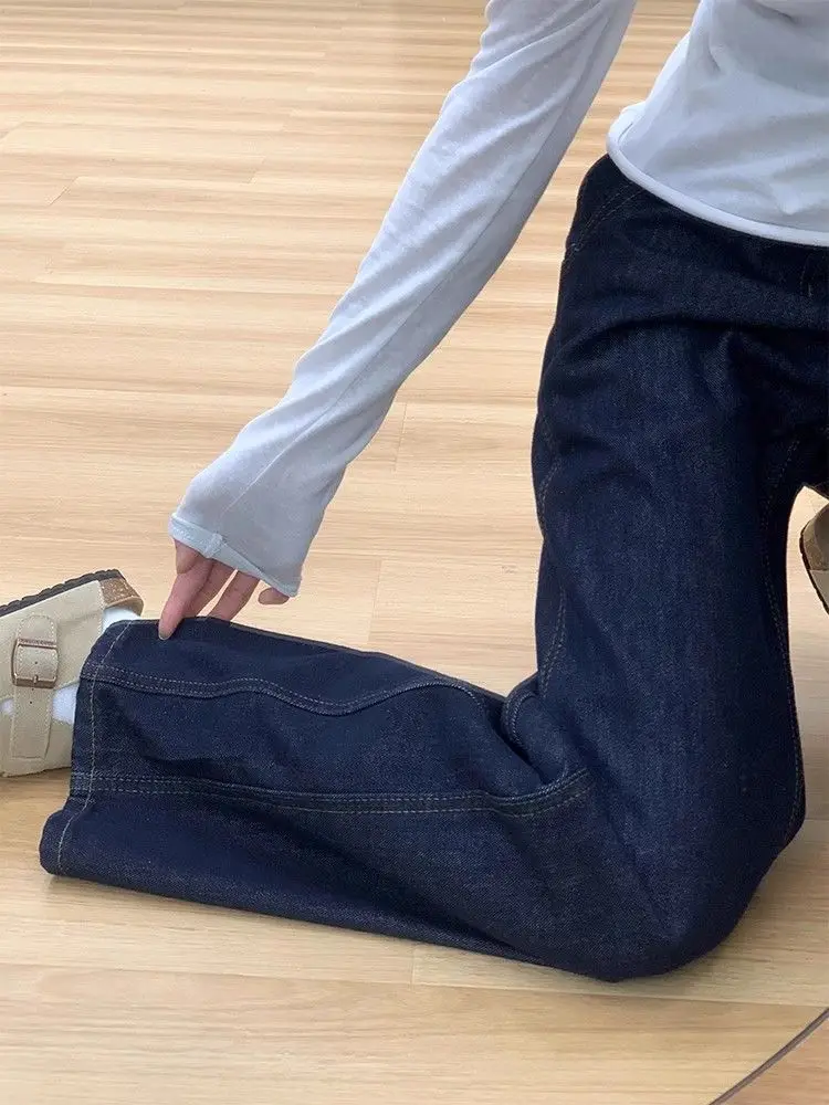 جينز نسائي أمريكي رجعي أزرق داكن بخصر عالٍ واسع 2025 خريف شتاء بنطلون واسع الأرجل أنيق #3