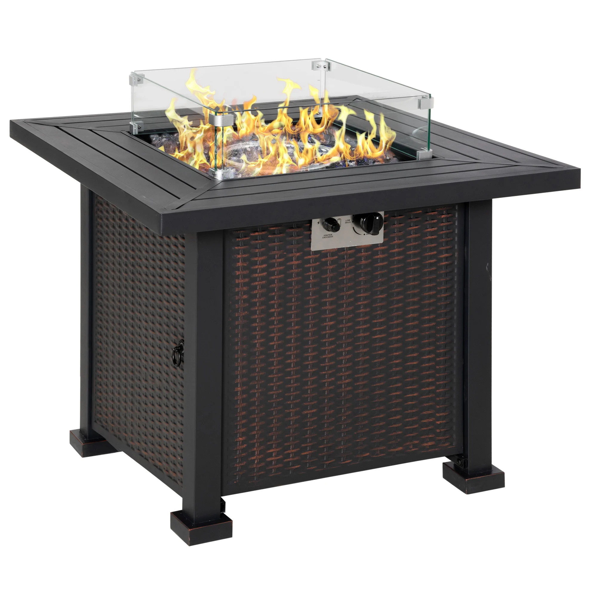 Outsunny Square Propane Gas Fire Pit Table, 50000 Btu Rattan Smokeless Firepit Patio Heater, Black
