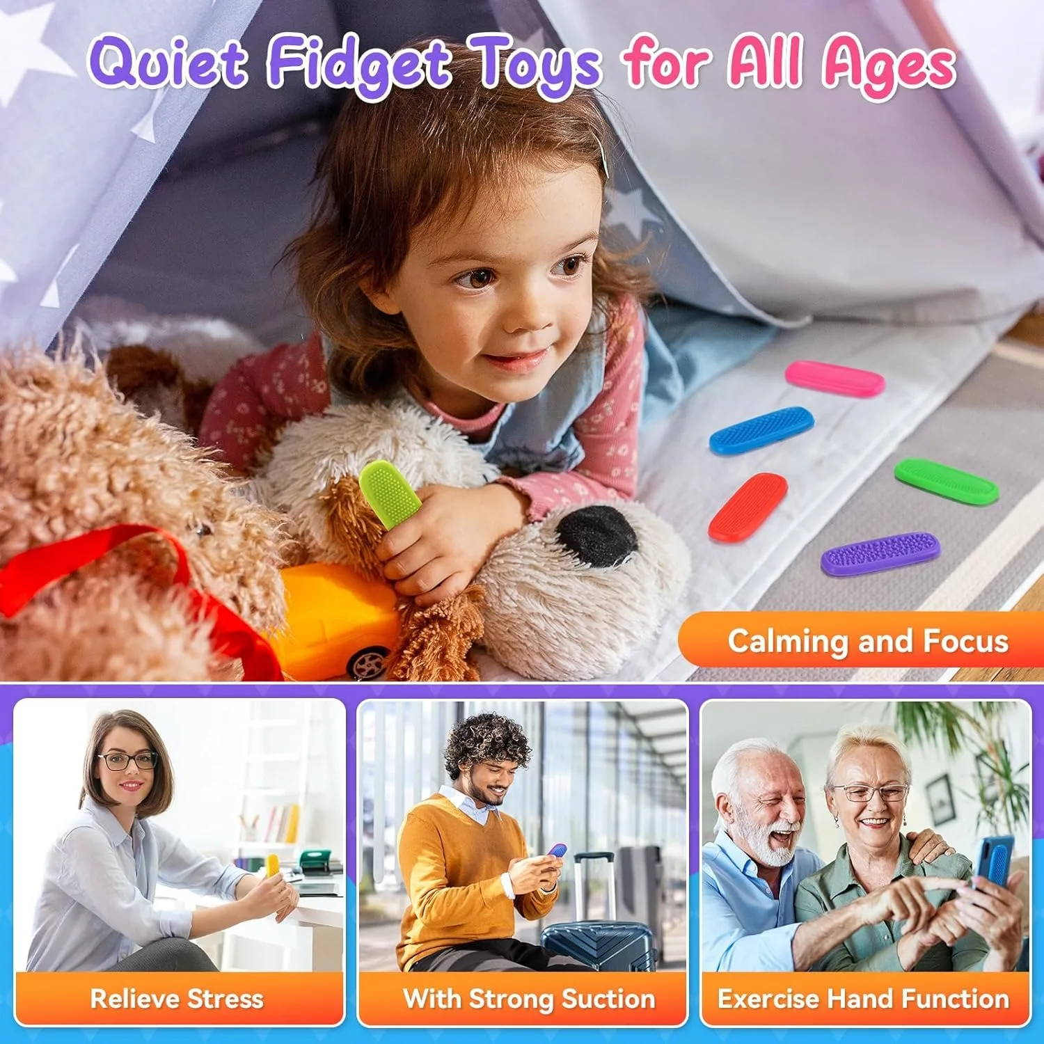 Paquete de 8 juguetes Fidget para niños, tiras tranquilas, juguetes sensoriales para niños con autismo, juguetes de succión de textura, piedra de preocupación para calmar