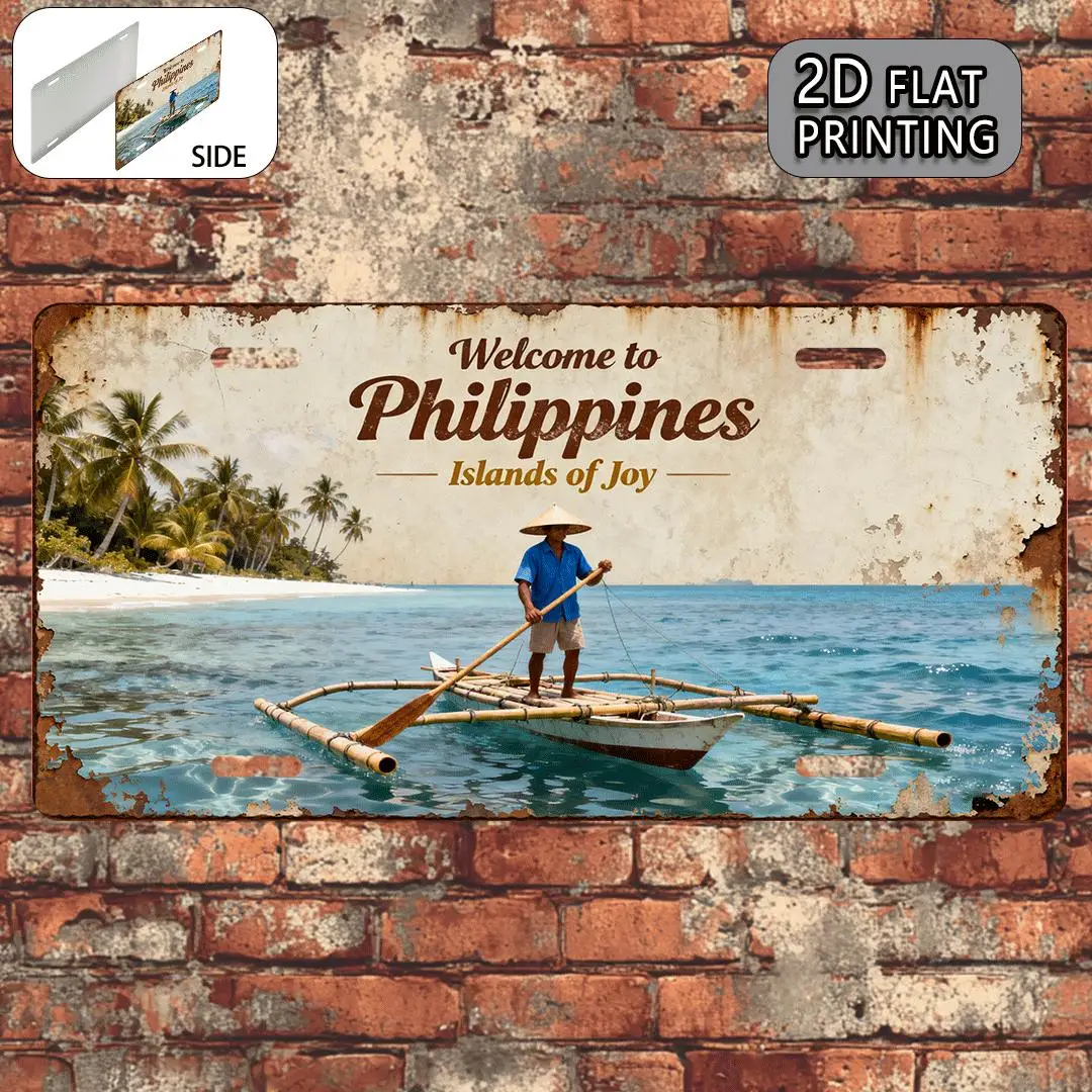 2D Flat, 2D Flat Printing, 1pc, Philippines Vintage Metal Aluminum Sign License Plate, Decorative Sign (30.48X15.24cm), Travel G