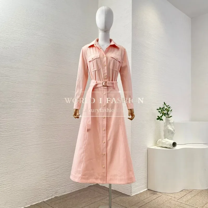 

Pink Long Sleeve Jeans Blouse Tops and Waist Midi Skirt Set 2025 Slik Linen