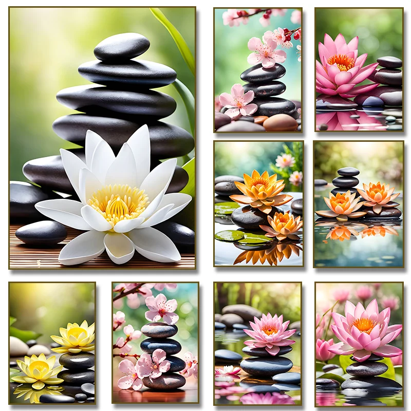 Spa Zen flor de cerezo piedra lirio loto rosa lienzo pintura impresión carteles arte Fitness Yoga estudio pared arte imágenes hogar Dec