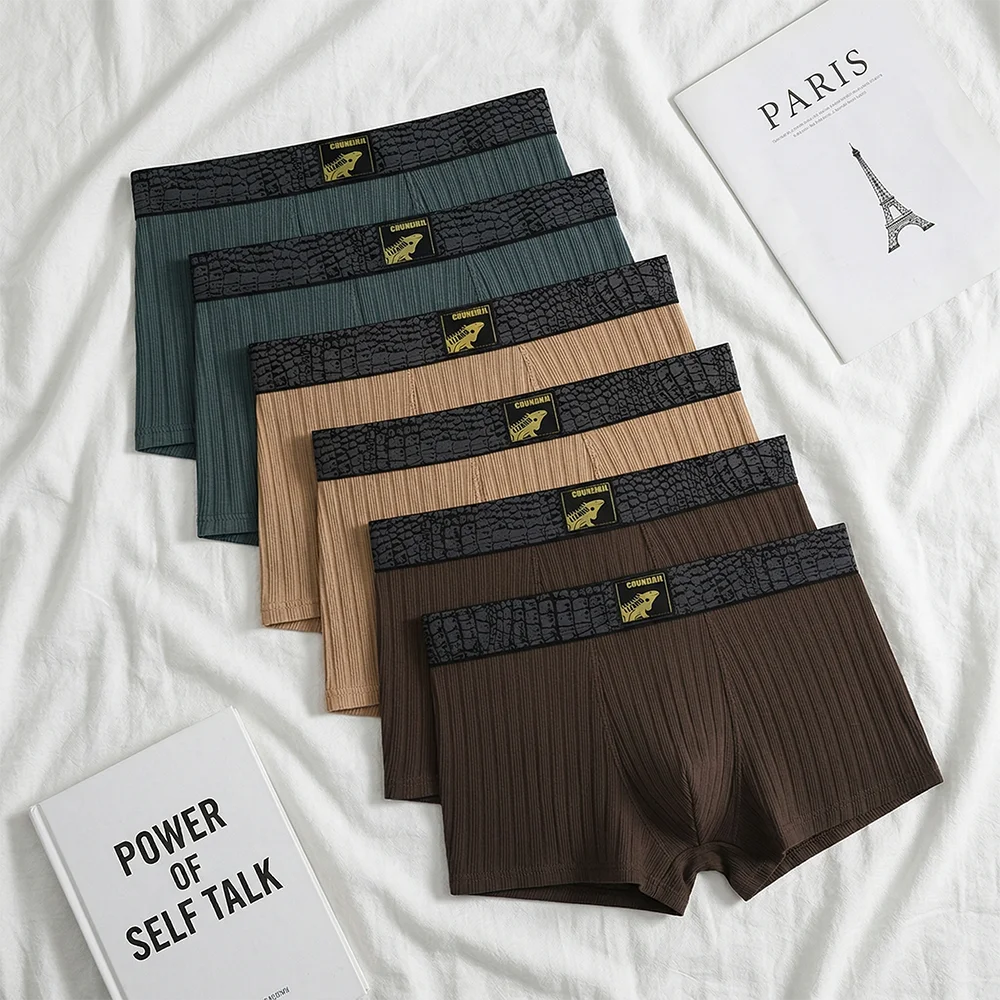 

6PCS/Pack Luxury Solid Striped 95% Cotton Knit Men's Panties Breathable Mesh Crotch Boxers Soft Fit Underwear Arrival for Man