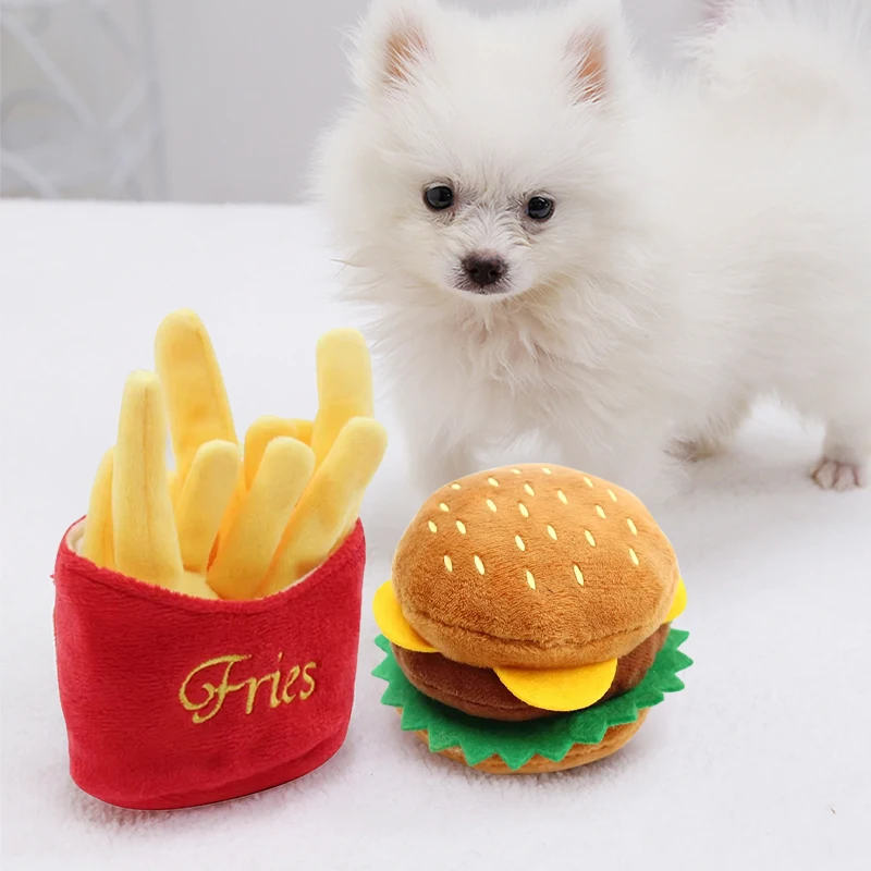 Plush Dog Toys Squeaky Dogs Interactive Pet Perros Toy Soft Squeeze Sound Bite Resistant Teeth Training Chew Fries Humburger