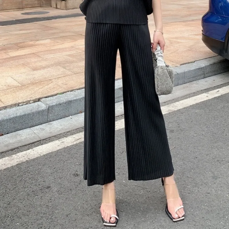 Miyake Pleated Pants Summer New Lightweight Fabric Fashion Classic Solid Color Simple Casual Women Draped Elastic Straight Pants