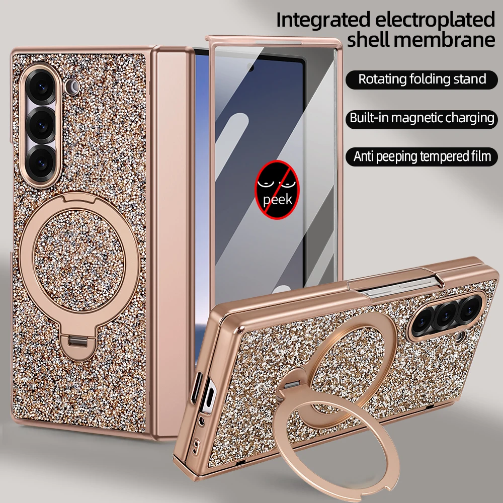 Luxury 360 Rotating Bracket Magnetic Shiny Case For Samsung Z Fold 7 6 Full Protection Tempered Glass Screen Protector kickstand