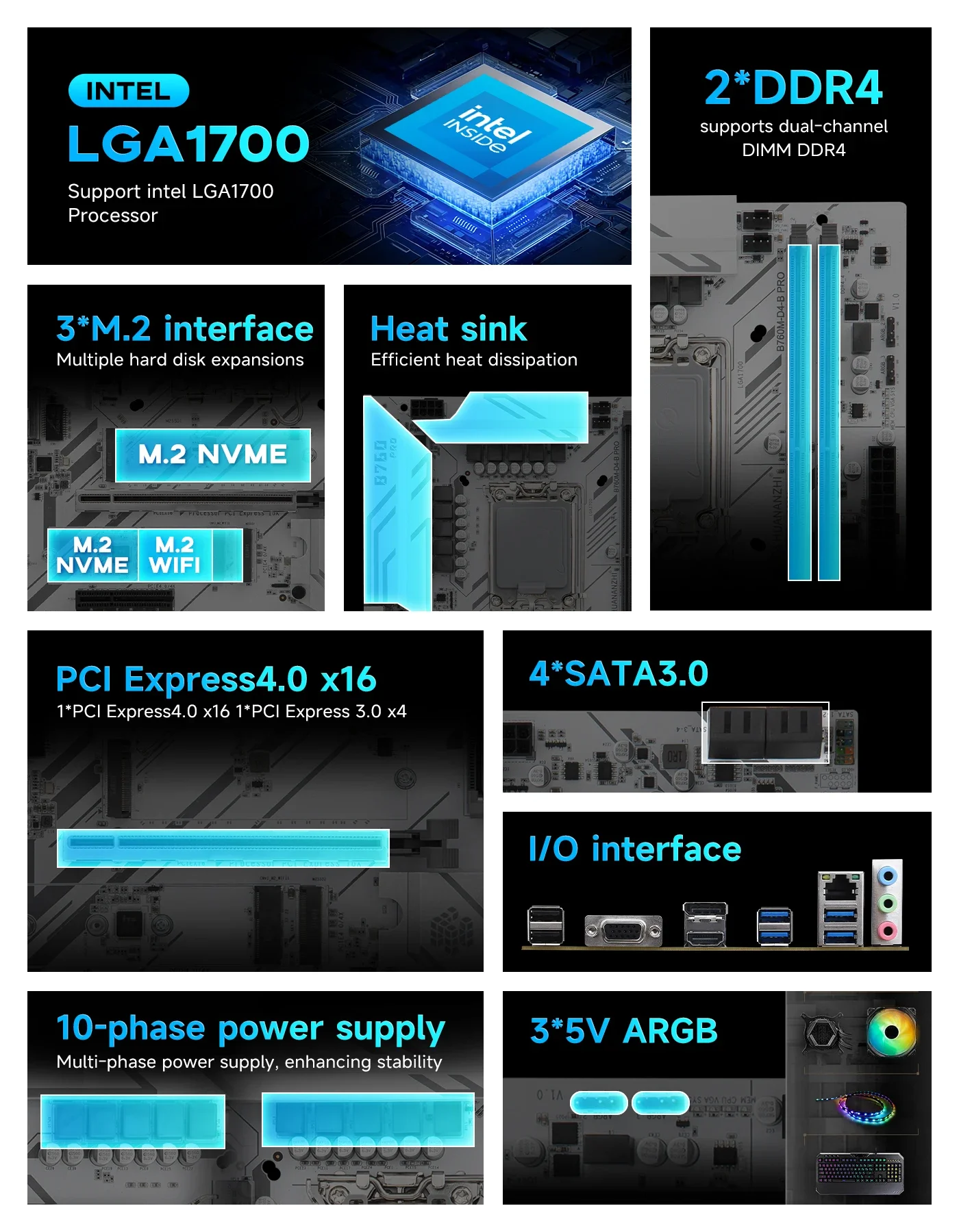 HUANANZHI B760M-D4-B PRO LGA1700 B760 Motherboard Intel 12/13/14 Gen DDR4 64GB 5V ARGB M.2 NVMe PCIe 4.0 WIFI DP 2.5G LAN M-ATX