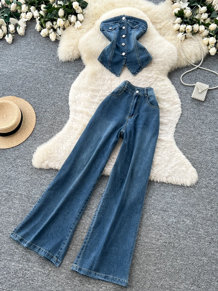 High Waist Slim Fit Two Piece Set Korean Style Commute Wind Denim Simple Summer Women's Fashion Set Casual Work Outfit