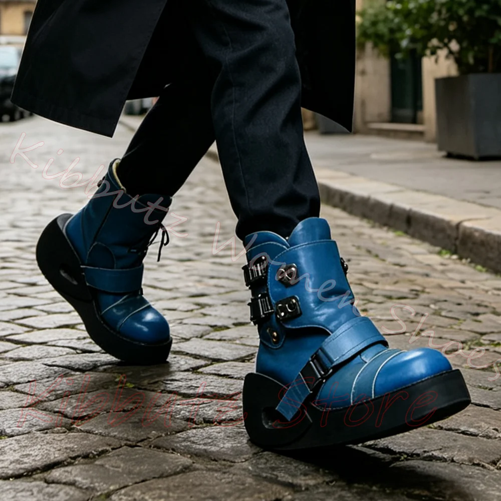 Cyberpunk Ankle Boots Women Leather Mechanical Buckles Strap Chunky Sole Y2K Alternative Club Shoes Fashion Elegant Concise New