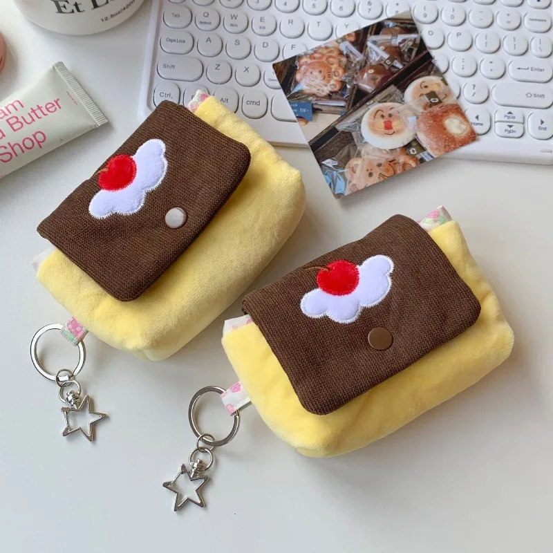 Cute Cherry Pudding Plush Coin Purse Mini Cartoon Portable Wallet for Cards Earphones,Multifunctional Small Pouch for Girls