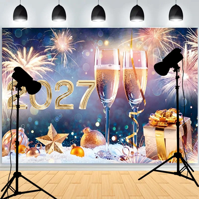 Happy New Year For 2027 Party Backdrop Clocks Champagne Gold Balloons Home Party Decoration Photography Background