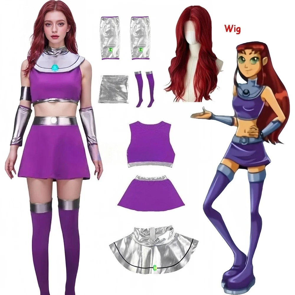 

Princess Koriand'r Cosplay Anime Cartoon Teen Cosplay Titan Starfire Costume Adult Women Fancy Dress Halloween Party Clothes Wig