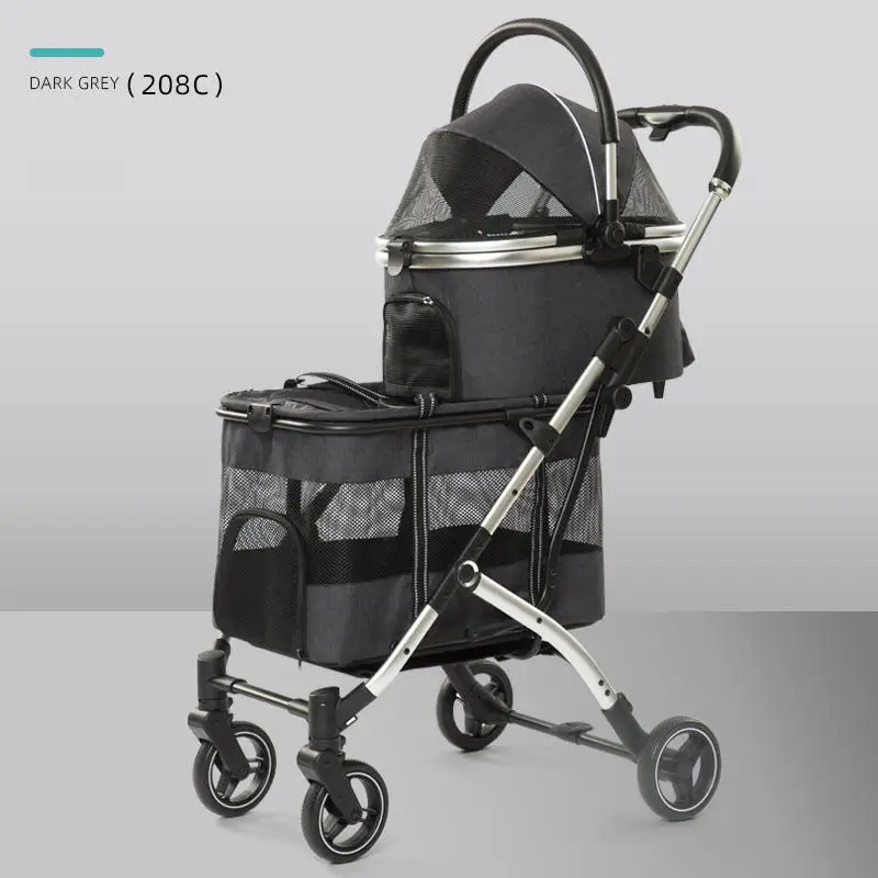 Fashionable Aluminum Double-Layer Removable Pet Stroller Foldable Dog Stroller for Cat Travel Washable Oxford Transparent