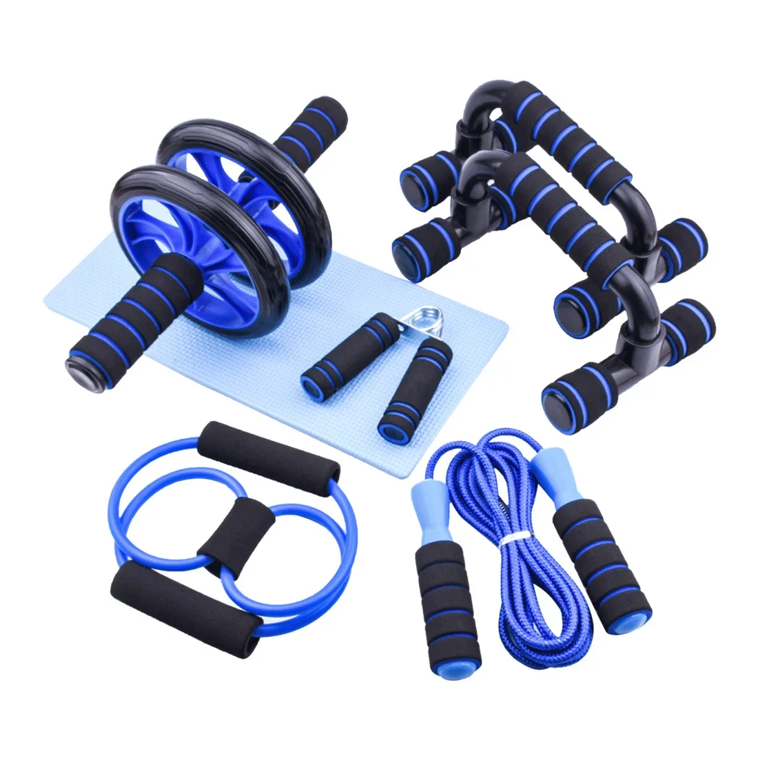 

6in1 Resistance Bands Push-up Bar AB Power Wheels Roller Set Machine Jump Rope Exercise Workout Home Gym Fitness Muscle Trainer