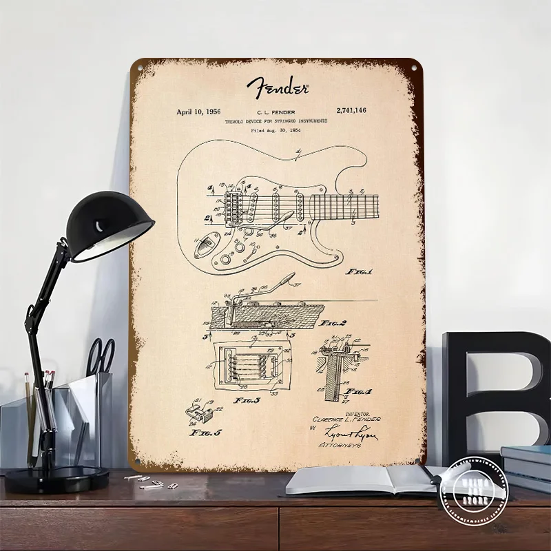 Fender Guitar Patent Tinplate Posters Customizable Wall Art Retro Vintage Metal Signs for Home Room Bedroom Decorations Garden