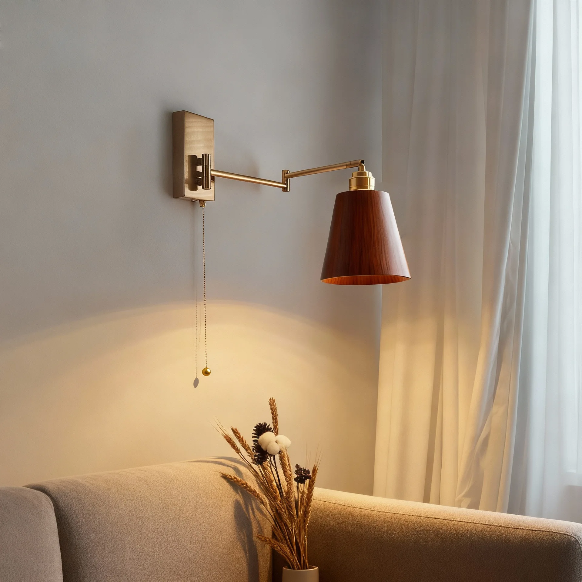 North American Black Walnut Long Pole Wall Lamp Bedroom Nordic with Built-in Switch and Drawstring Rotatable Wall Lamp