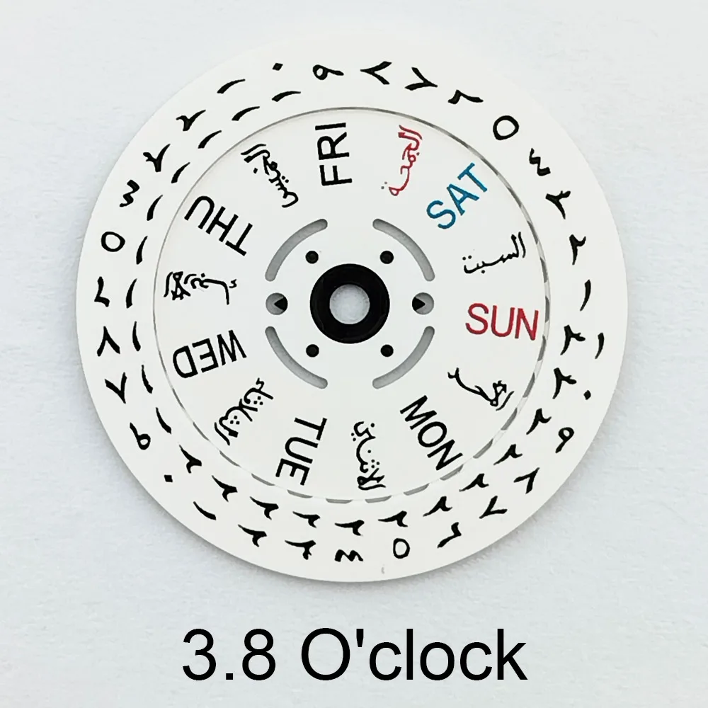 Runder Kalender/Radkalender-Scheibe für NH-35-36 Uhrwerk, arabische Ziffern, Datum bei 3/3,8 Uhr, Tag, Uhrwerk-Modifikationsteile – Detail 3
