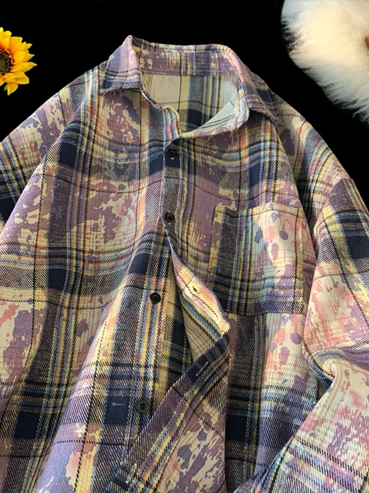 

Мужская рубашка в клетку с длинным рукавом, весенне-осенний стиль, американское ретро, с эффектом тай-дай, молодежная модная куртка с высоким воротником на пуговицах