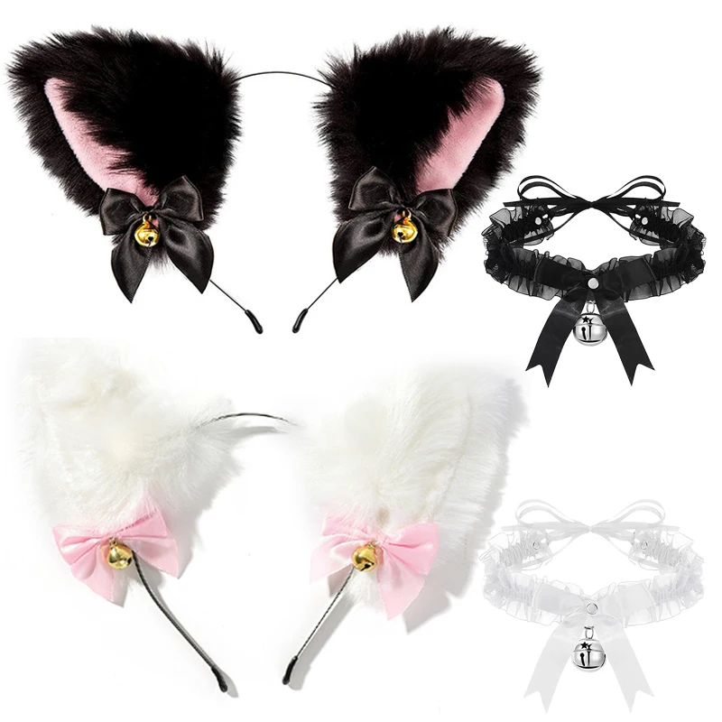 Sexy Cat Ears Headband for Women Girls Lace Bow Necklace Plush Bell Hairband Cosplay Masquerade-Party Costume Hair Accessories