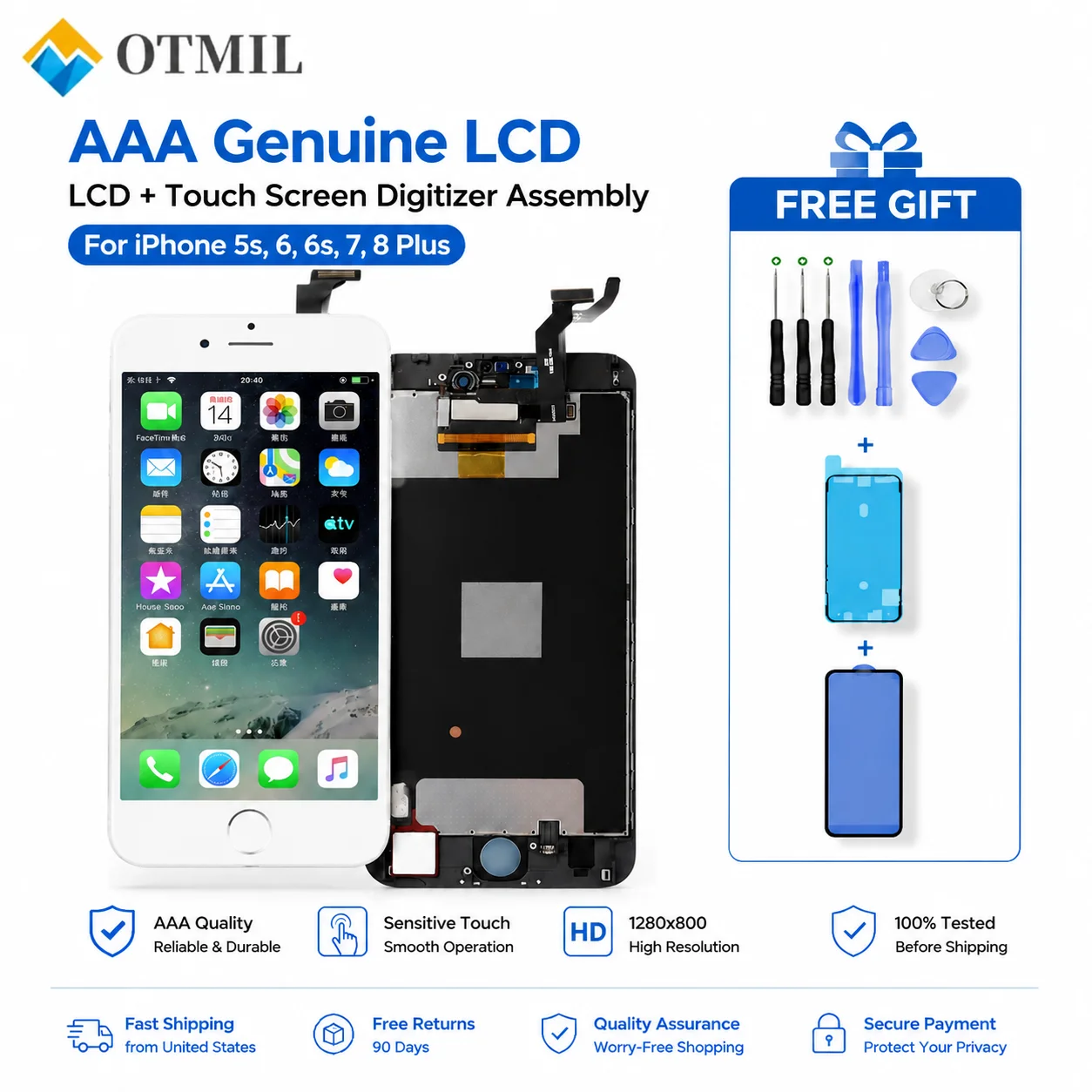 AAA LCD Touch Screen Digitizer Assembly For Iphone 4 4s 5 5s 6 6S Display for iPhone 6 7 8 Plus LCD Replacement Screen with Gift
