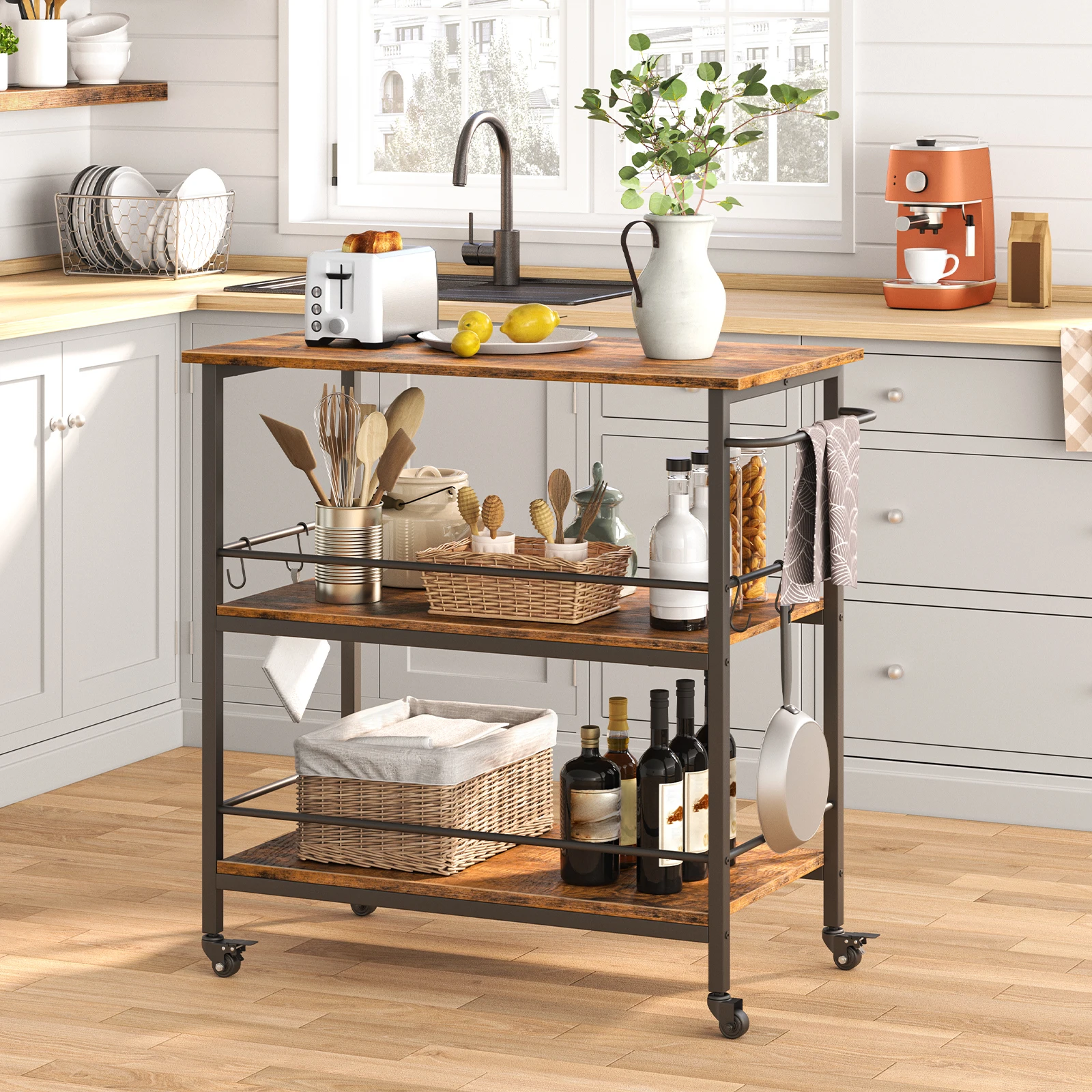 

Kitchen Island with Storage Industrial Kitchen Counter with Hooks and Side Enclosures 3 Tier Kitchen Cart with Large Workstation