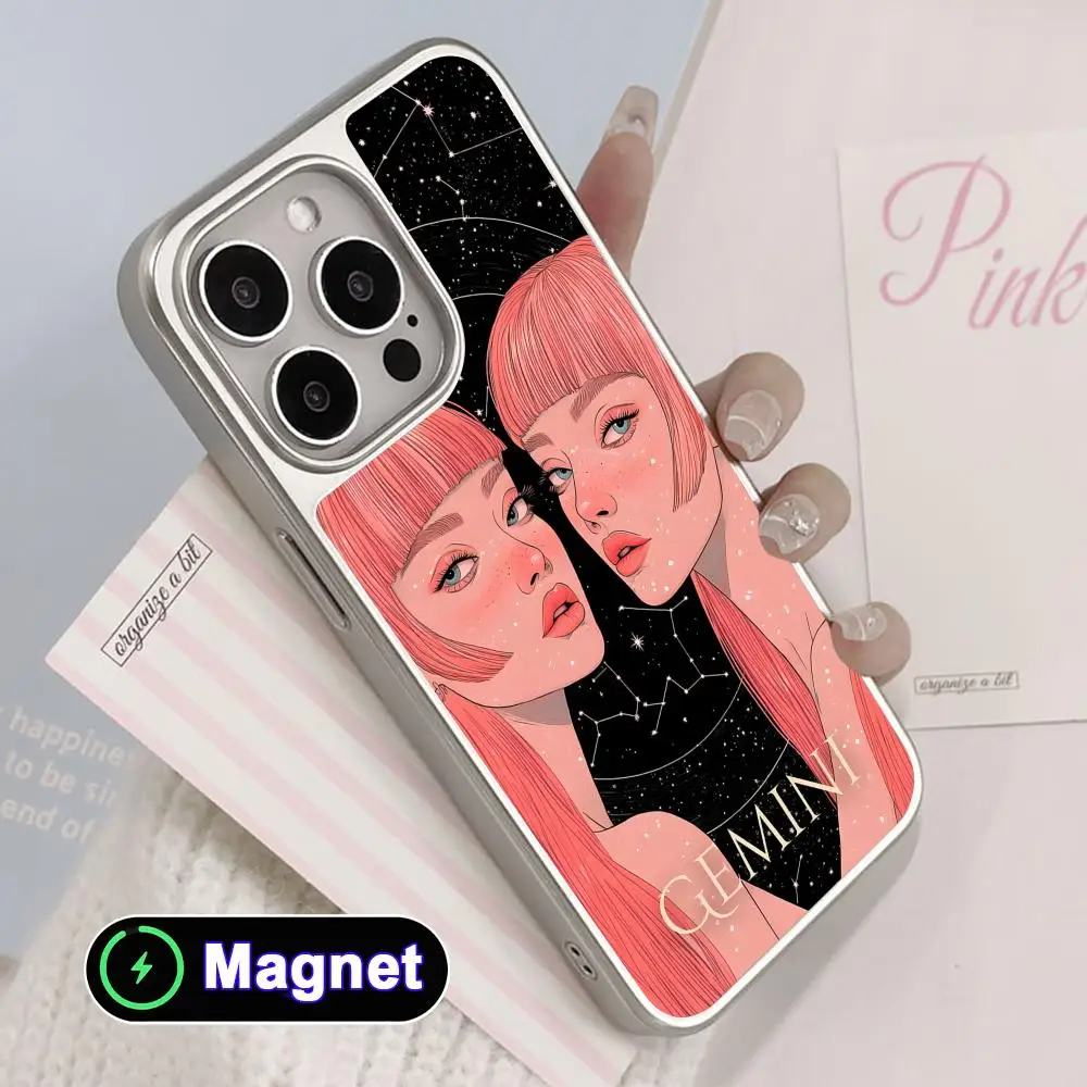 

Zodiac Sign Gemini Phone Case for iPhone 17 16 15 14 13 12 11 Air Pro Max Plus Electroplated Silver Magnet Cover