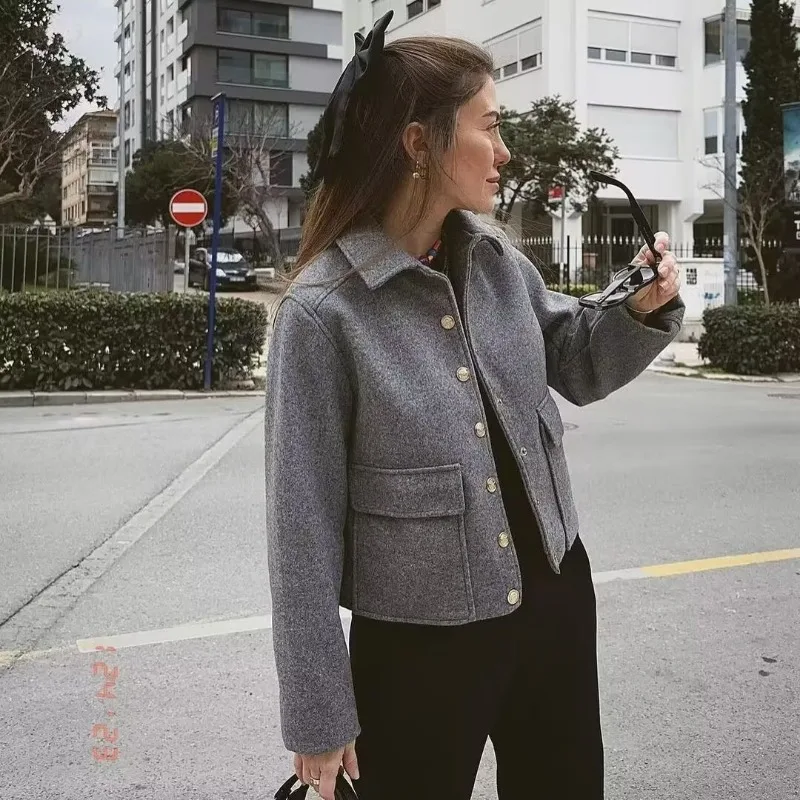 y2k Spring autumn Bomber jacket Women's Short coat clothes Lapel collar Long sleeves Large pockets Jacket