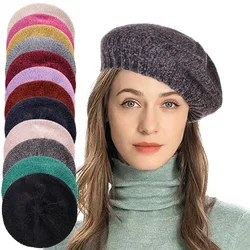 2024 New Women's Plain Classic Chenille Casual Knitted Breathable Beret Thin Acrylic Berets for Women Ladies Beret warm hat