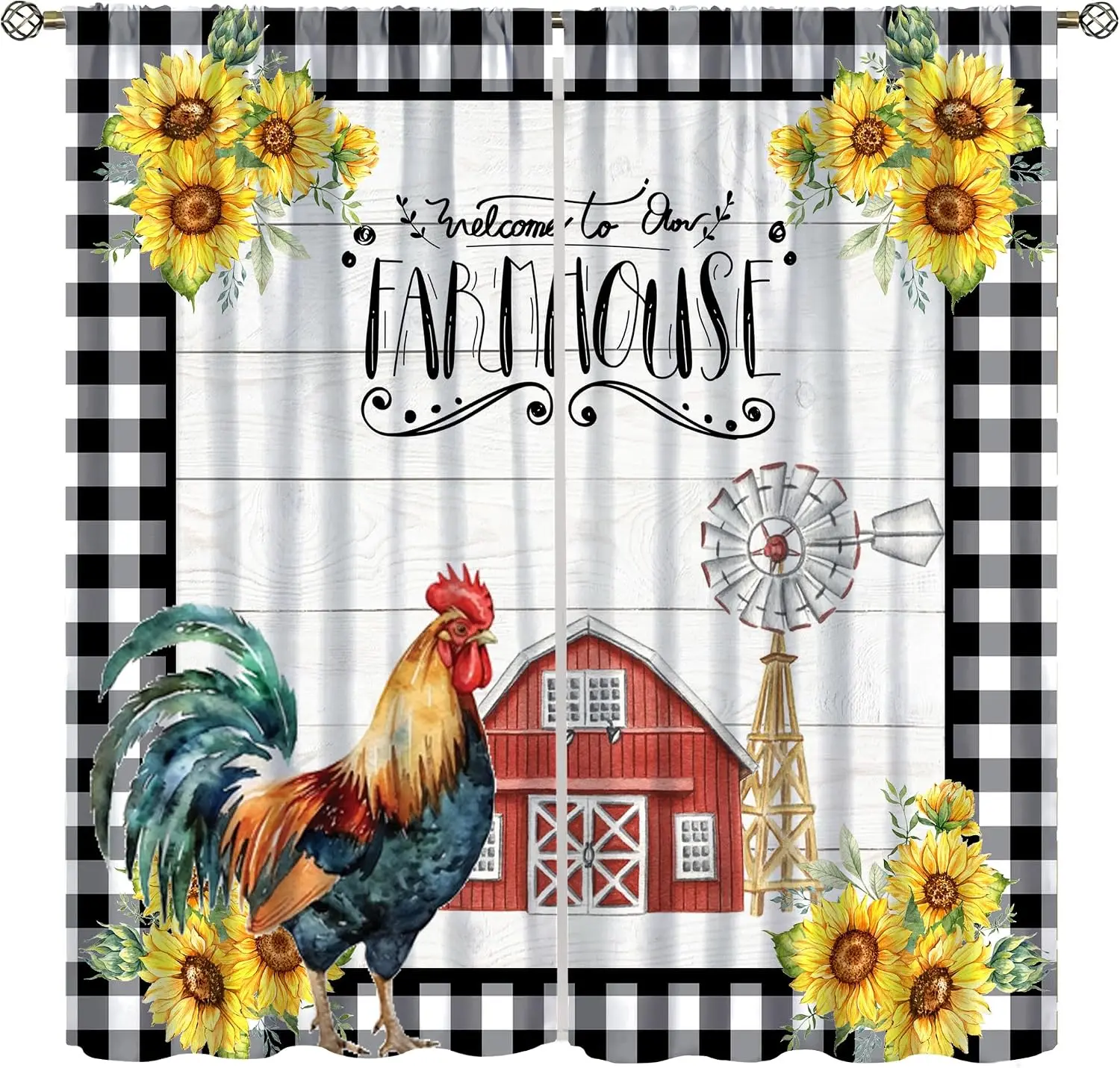 Vintage Farmhouse Rooster Floral Blackout Rod Pocket Curtain Barn Windmill Gingham Chic Decor Dreamy Homestay Bedroom Rest Bay