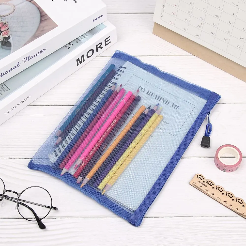 1pc Gifts Fashion Cosmetic Stationery Makeup Coin Purse Mesh Pen Bag Zipper Pencil Case Cosmetic Storage Transparent Grid