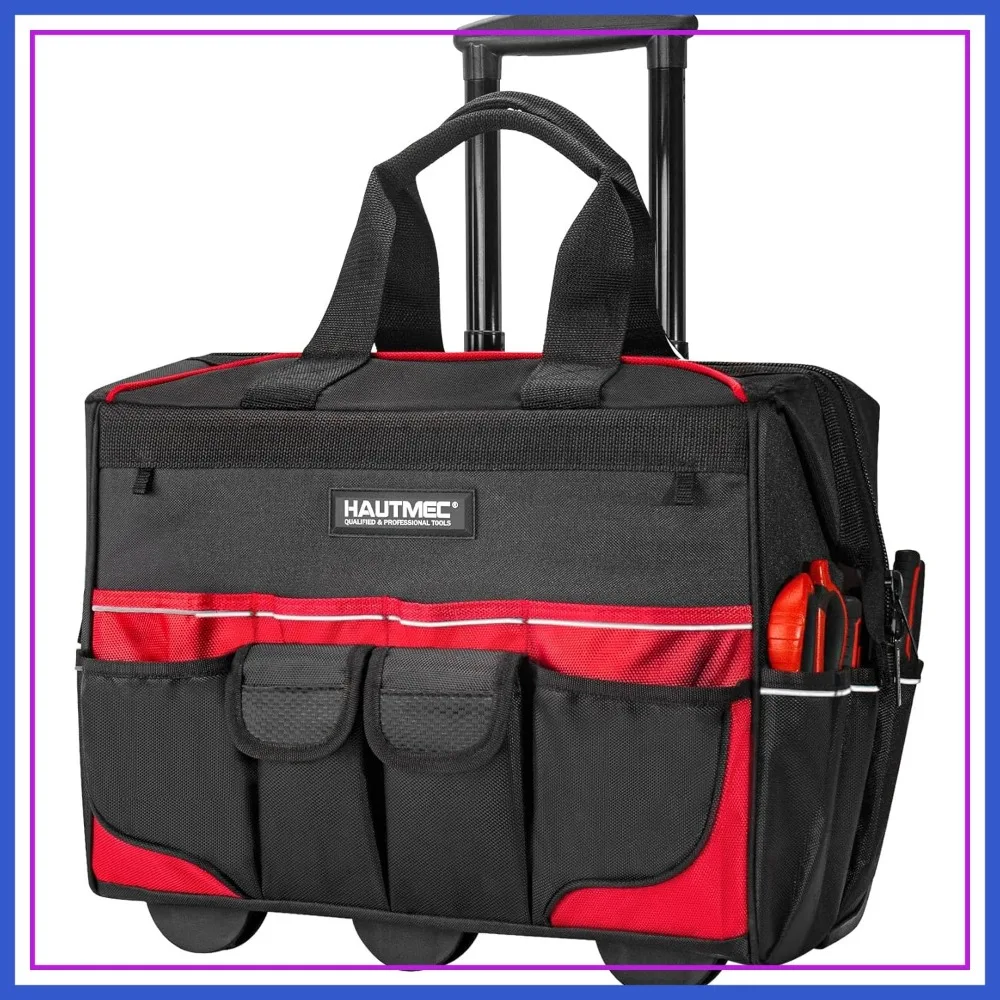 

18" Rolling Tool Bag with Wheels, Heavy-Duty Water-Resistant, 23 Pockets, Wide-Mouth, Oversized Wheels & Telescoping Handle