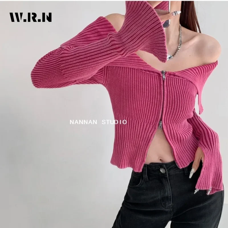 2024 Spring Club Style Hotsweet Solid Color Knitting Long Sleeve Cardigans Women Casual Zipper Female Slim Autumn Sexy Sweater