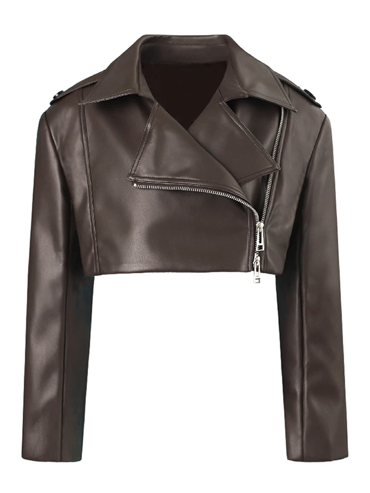 Lautaro-Veste de motard courte en similicuir marron pour femme, manches longues, fermeture éclair, haut court, mode coréenne, automne